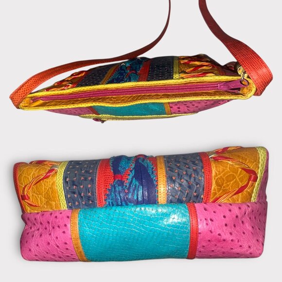 VTG Sharif Purse Multicolor Exotic Mixed Leather Crossbody Bag 80s USA Adjustabl - Picture 6 of 9